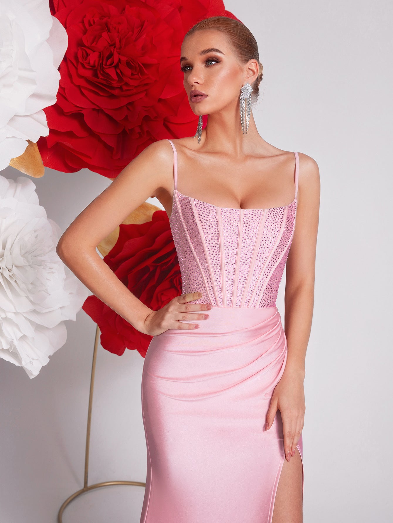 Spring Pink Sling Boning Corset Evening Dress Light Luxury Rhinestone Waist Slit Fishtail Dinner Jumpsuit