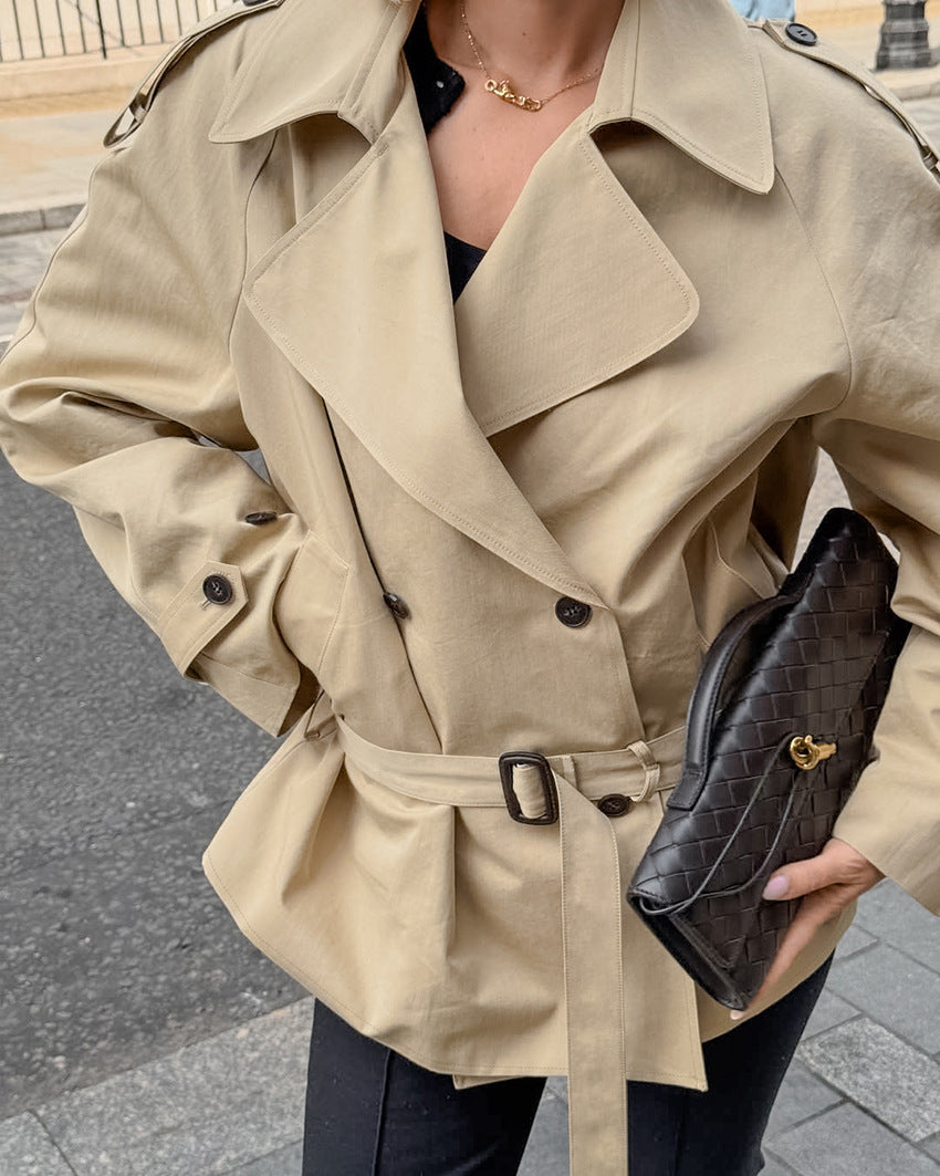 British Long Sleeve Collared Lace up Waist Controlled Slimming High Sense Fall Mid Length Trench Coat Women