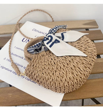 Cute Crossbody Straw Bag Plaid Scarf Portable Straw Bag Woven Bag Vacation Beach Bag Mori Women Bag