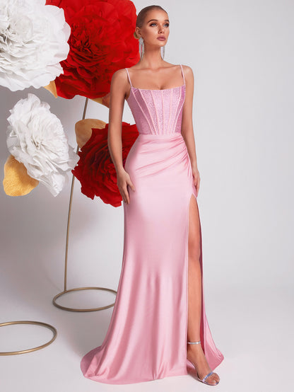 Spring Pink Sling Boning Corset Evening Dress Light Luxury Rhinestone Waist Slit Fishtail Dinner Jumpsuit