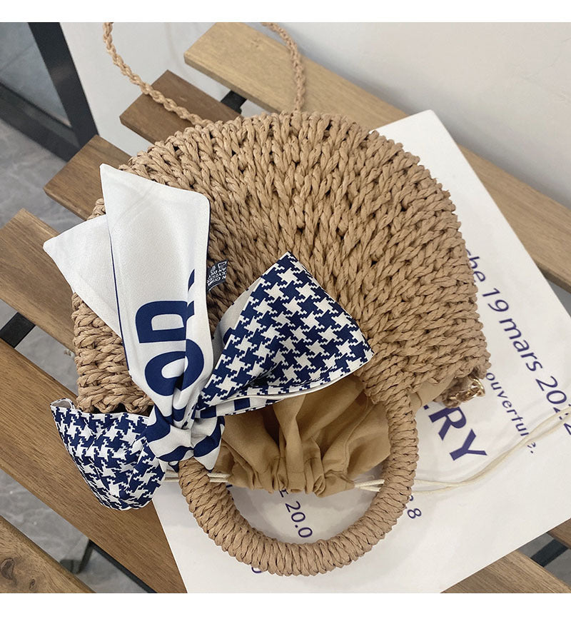 Cute Crossbody Straw Bag Plaid Scarf Portable Straw Bag Woven Bag Vacation Beach Bag Mori Women Bag