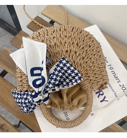 Cute Crossbody Straw Bag Plaid Scarf Portable Straw Bag Woven Bag Vacation Beach Bag Mori Women Bag