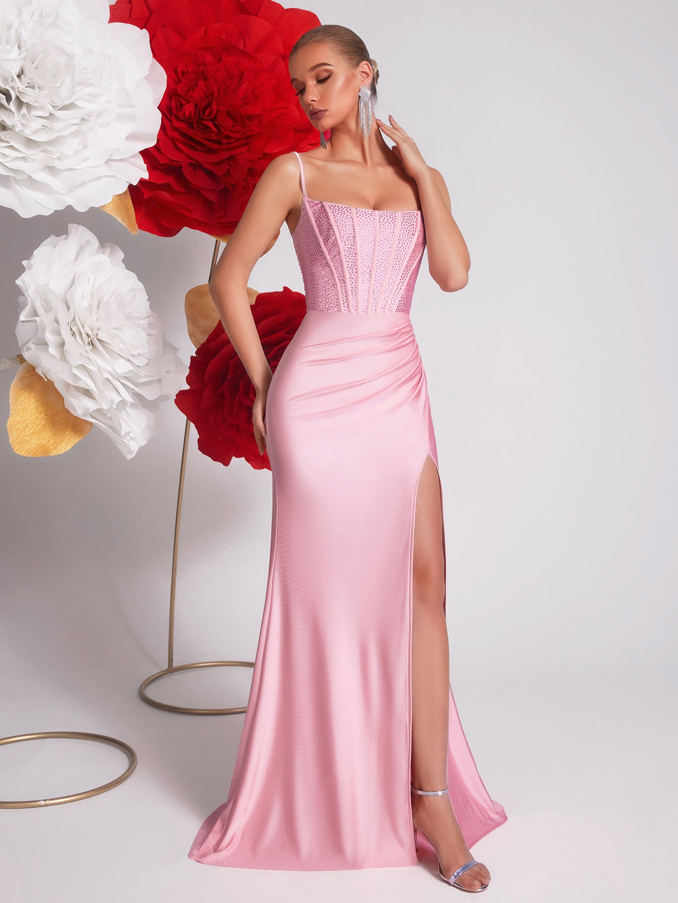 Spring Pink Sling Boning Corset Evening Dress Light Luxury Rhinestone Waist Slit Fishtail Dinner Jumpsuit