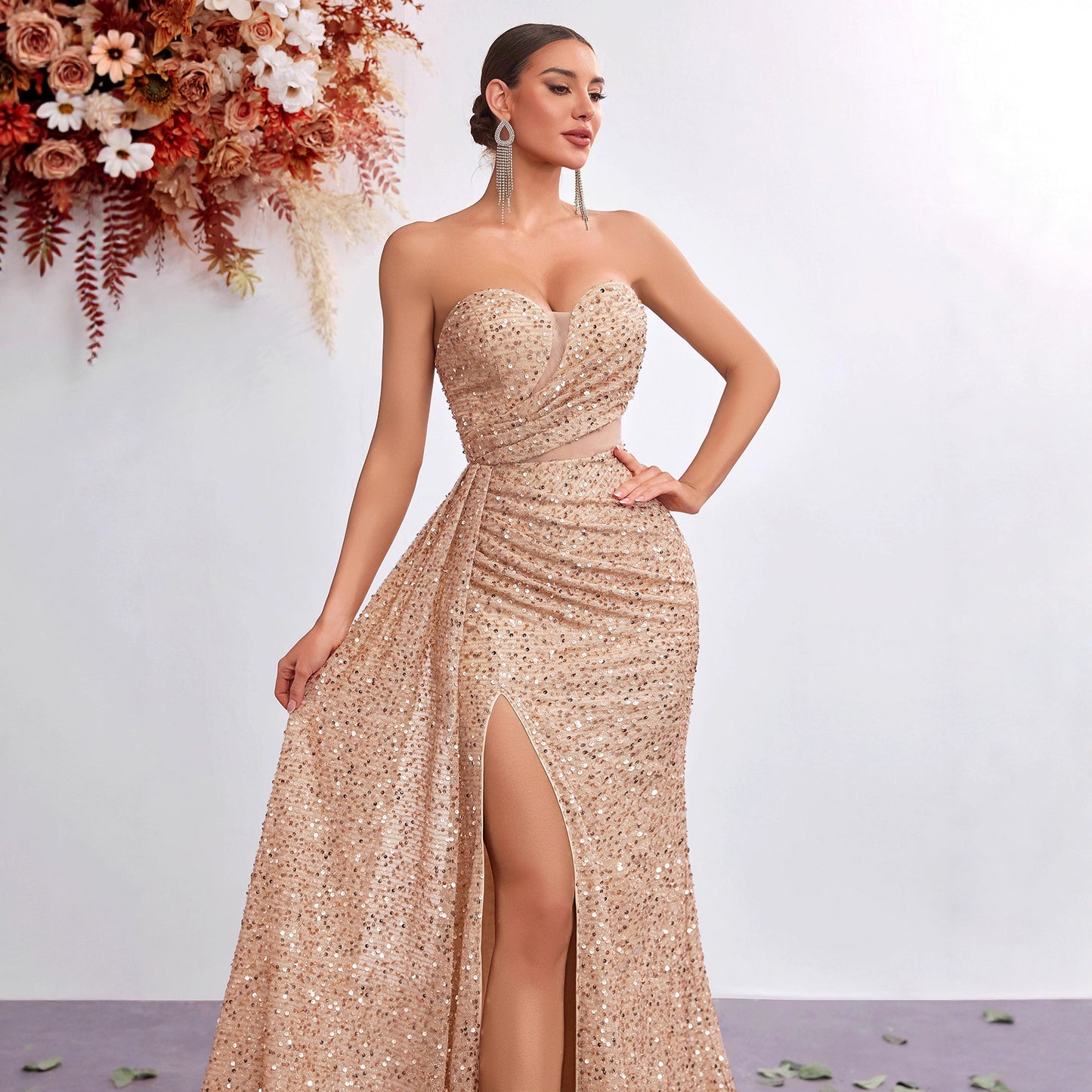 Light Luxury Sequ Tube Top Sexy High Waist Slit Fishtail Evening Dress Cocktail High Grade Socialite Dress