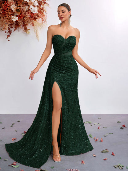 Light Luxury Sequ Tube Top Sexy High Waist Slit Fishtail Evening Dress Cocktail High Grade Socialite Dress