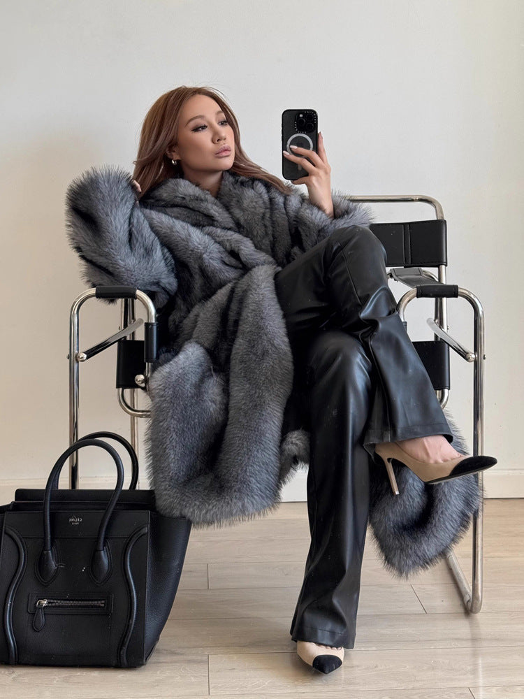 Women Fur Coat Winter Warm Faux Fur Coat Young Long Trench Coat