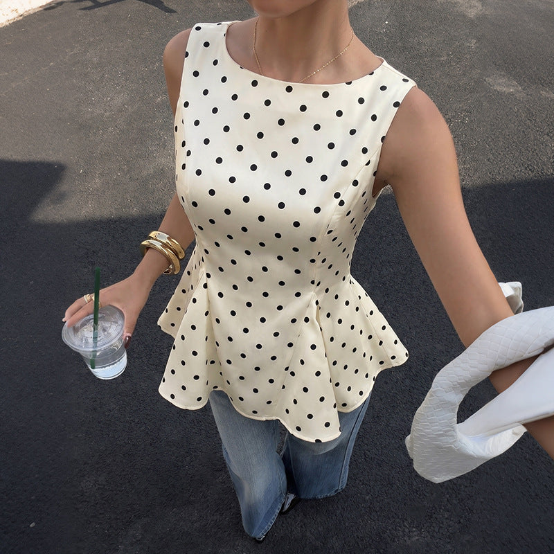 French Vintage Polka Dot Cinched Ruffled Sleeveless Shirt for Women
