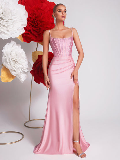 Spring Pink Sling Boning Corset Evening Dress Light Luxury Rhinestone Waist Slit Fishtail Dinner Jumpsuit