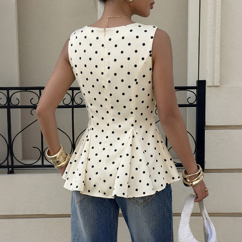 French Vintage Polka Dot Cinched Ruffled Sleeveless Shirt for Women