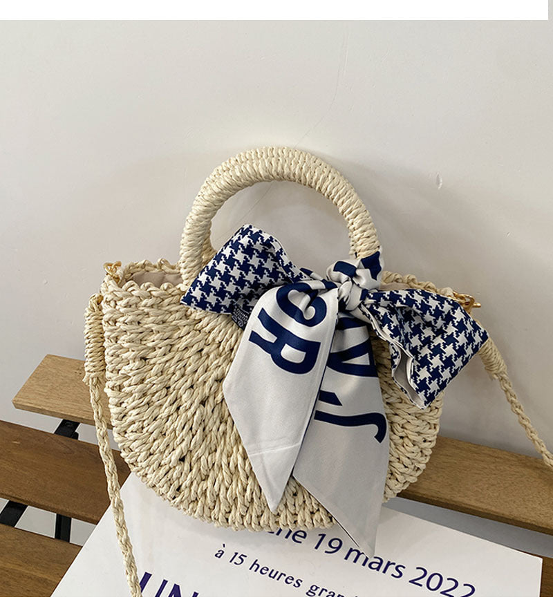 Cute Crossbody Straw Bag Plaid Scarf Portable Straw Bag Woven Bag Vacation Beach Bag Mori Women Bag