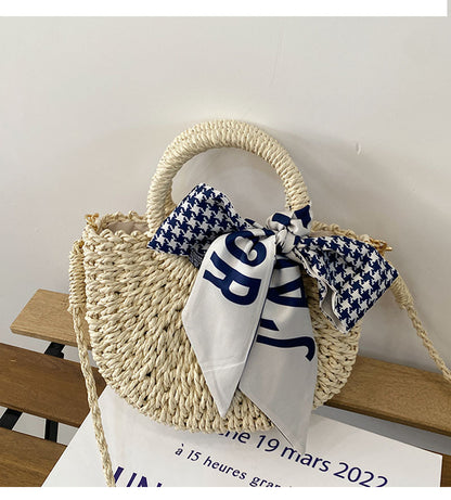 Cute Crossbody Straw Bag Plaid Scarf Portable Straw Bag Woven Bag Vacation Beach Bag Mori Women Bag