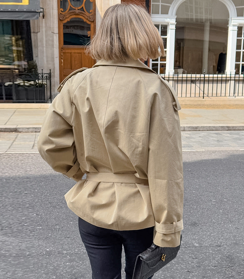 British Long Sleeve Collared Lace up Waist Controlled Slimming High Sense Fall Mid Length Trench Coat Women