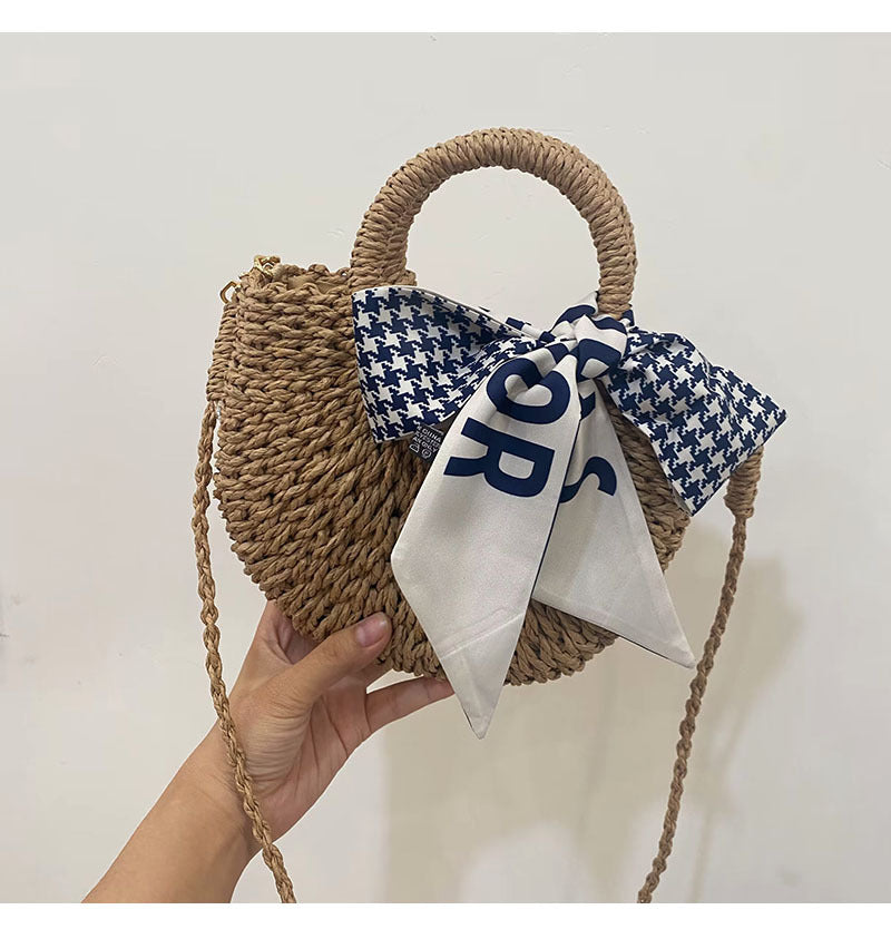 Cute Crossbody Straw Bag Plaid Scarf Portable Straw Bag Woven Bag Vacation Beach Bag Mori Women Bag